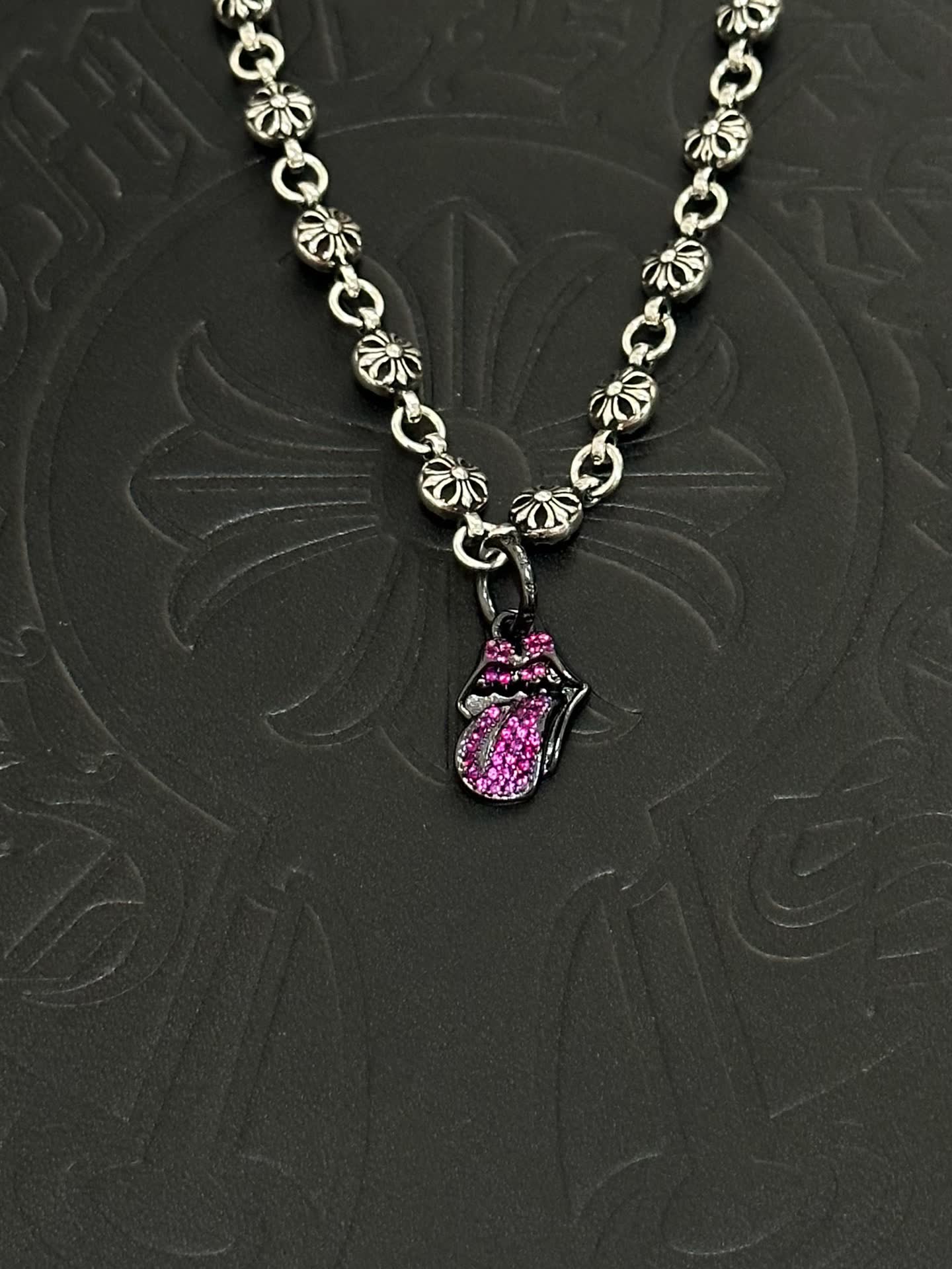 Chrome Hearts Silver Flower Chain with Pink Crystal Butterfly Pendant